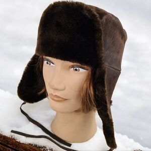 Brown Suede Leather Trapper Hat Aviator Style Winter Cap Faux Fur UNISEX Small